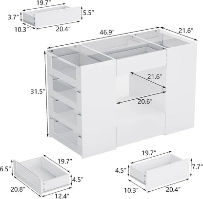 Glass Display Shelf & 12 Drawers, White Dresser with Glass Top