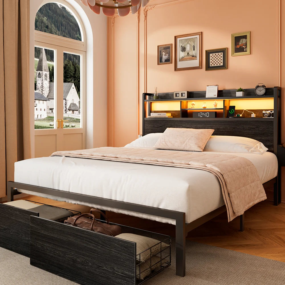Full/Queen Size Bed Frame with Storage Headboard