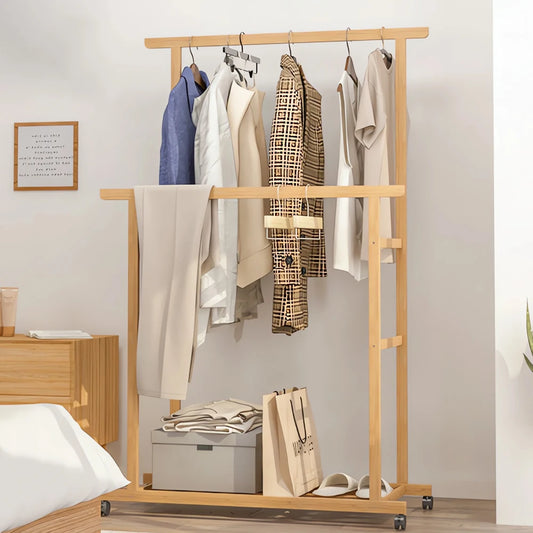 Double Hanging Rails Coat Rack with Storage Shelves