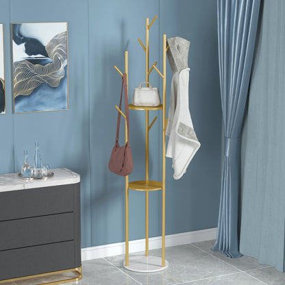 Marble Metal Coat Rack with 3 Storage Shelves and 9 Hooks
