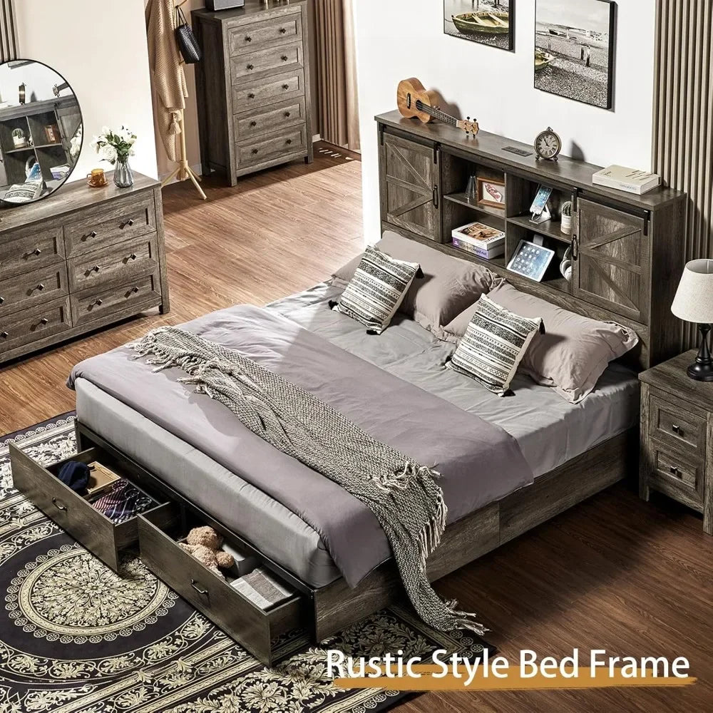 King & Queen Size Bed Frame,Wooden Platform Storage Bed with Bookcase