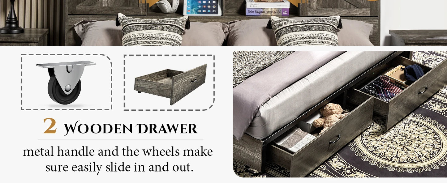 King & Queen Size Bed Frame,Wooden Platform Storage Bed with Bookcase