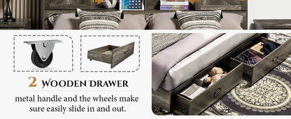 King & Queen Size Bed Frame,Wooden Platform Storage Bed with Bookcase