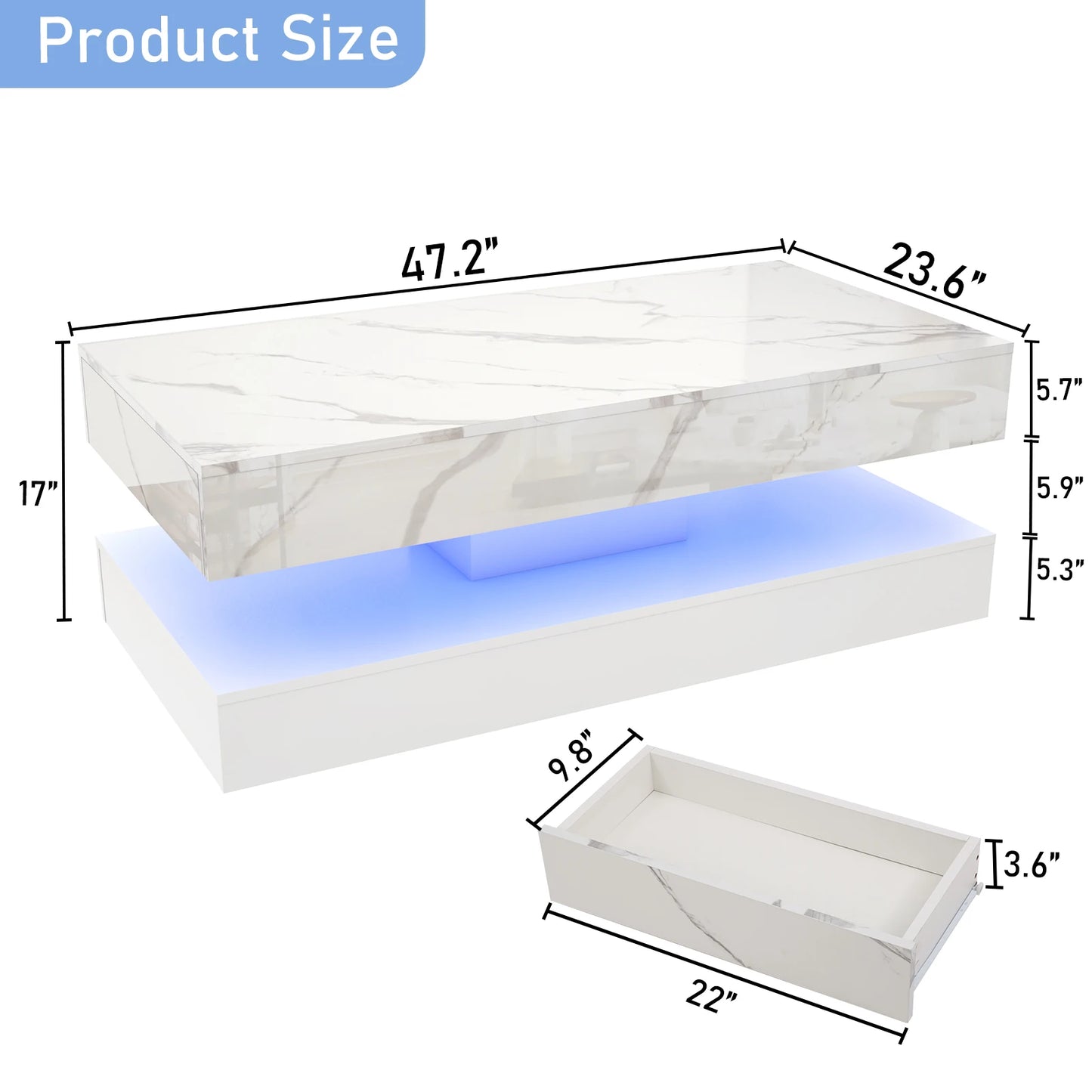 Modern Stylish Coffee Table with LED lights, Double-Layer Design for Living Room Coffee Table with 2 Storage Drawers