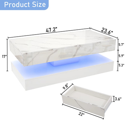 Modern Stylish Coffee Table with LED lights, Double-Layer Design for Living Room Coffee Table with 2 Storage Drawers