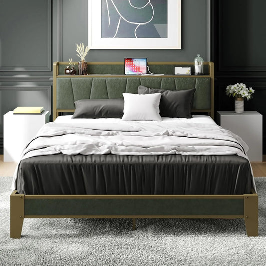 Queen Bed Frame, Storage Headboard with Charging Station