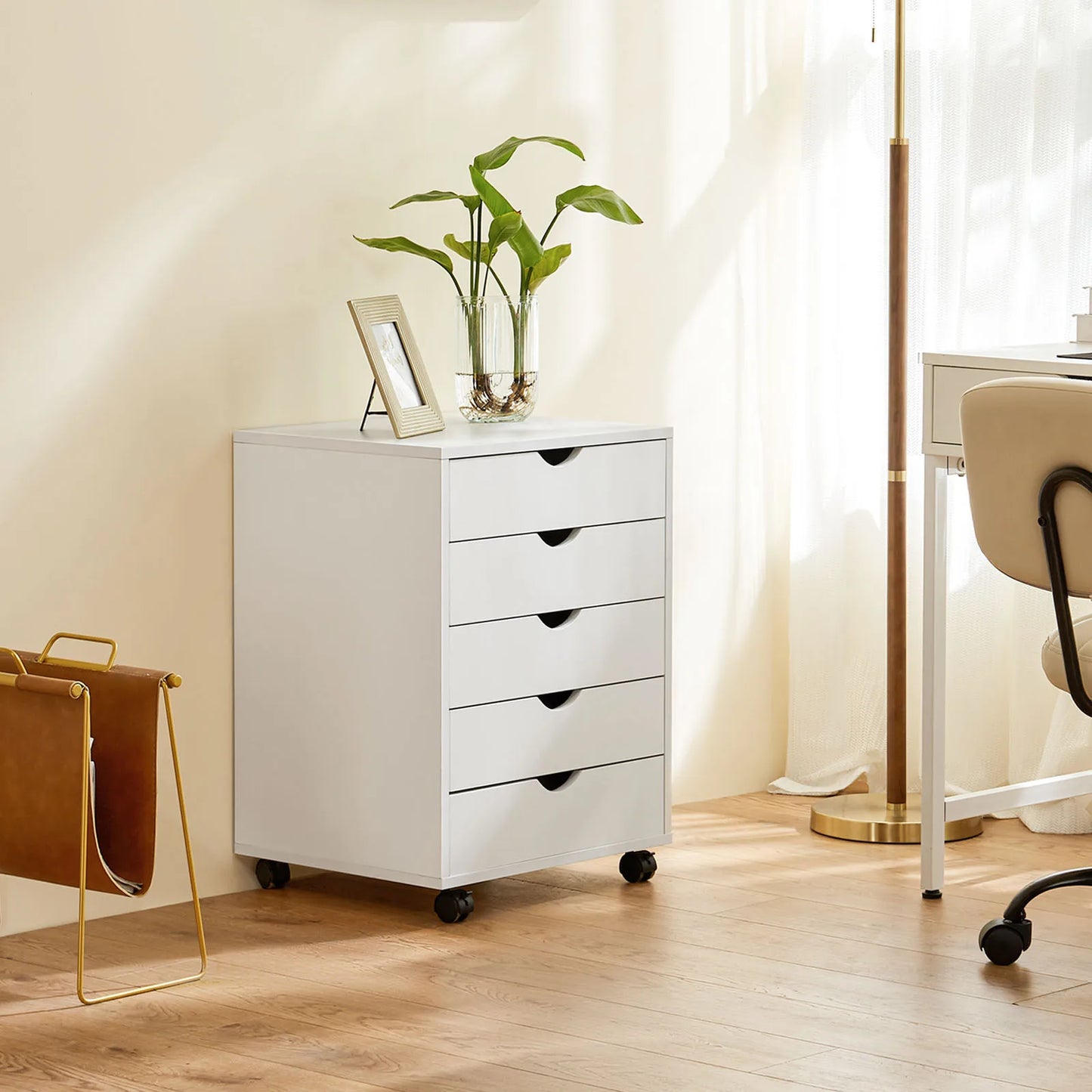 JHK Wood Nightstand Cabinet 5 Drawers Waterproof Surface Storage Organizer File Office Easy To Move Bedside Table Rotating Wheel