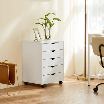 JHK Wood Nightstand Cabinet 5 Drawers Waterproof Surface Storage Organizer File Office Easy To Move Bedside Table Rotating Wheel
