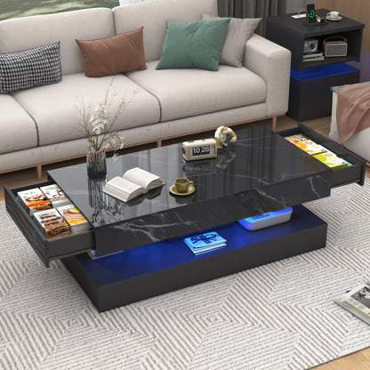 Modern Stylish Coffee Table with LED lights, Double-Layer Design for Living Room Coffee Table with 2 Storage Drawers