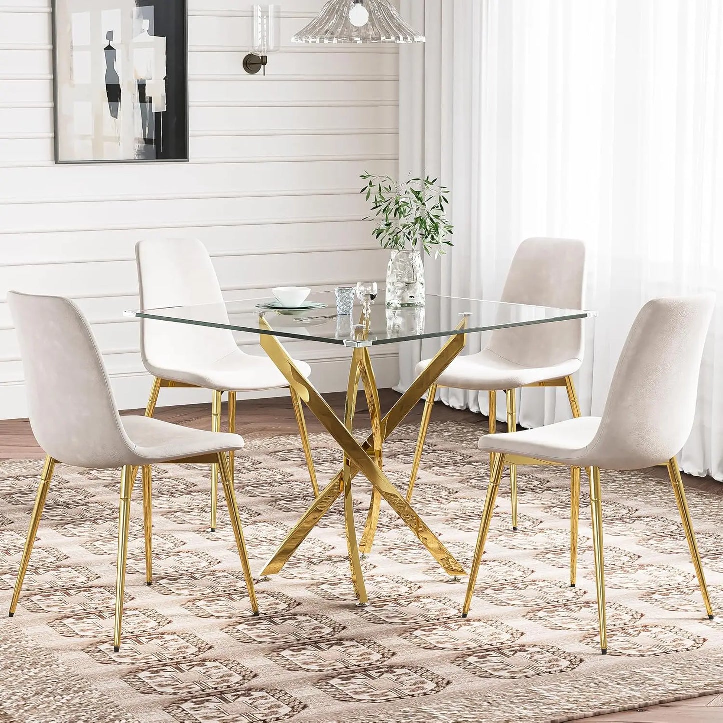 Glass Dining Table Set for 4 with Chairs, Modern 5 Piece Dining Room Set with 36" Round Tempered Glass Table & 4 Velvet Chairs