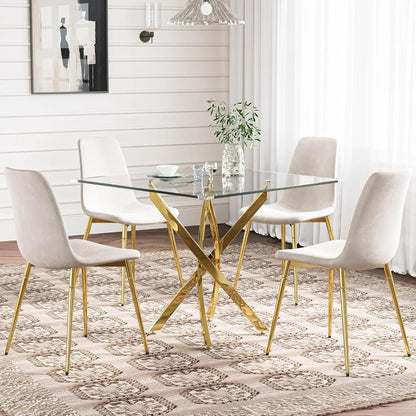 Glass Dining Table Set for 4 with Chairs, Modern 5 Piece Dining Room Set with 36" Round Tempered Glass Table & 4 Velvet Chairs