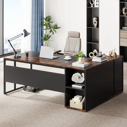 71 inch Executive Desk, L Shaped with Cabinet Storage