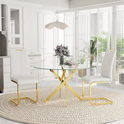 5-Piece Round Dining Table Set for 4, 47" Small Circle Tempered Glass Kitchen Table Set with Chrome Silver Leg, Upholstered
