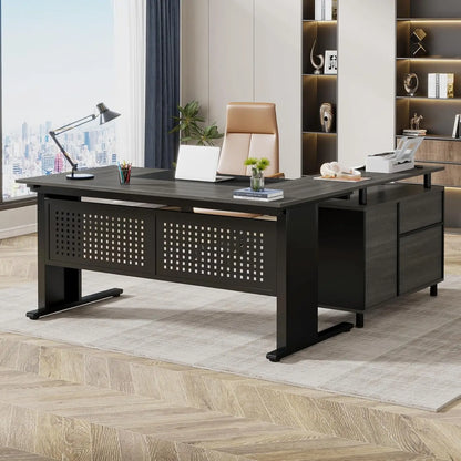 63 Inch L shaped Desk - File Cabinet, Drawers and Shelves
