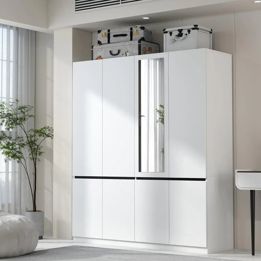 4 Door Wardrobe Cabinet with 2 Hanging Rod and 1 Mirror