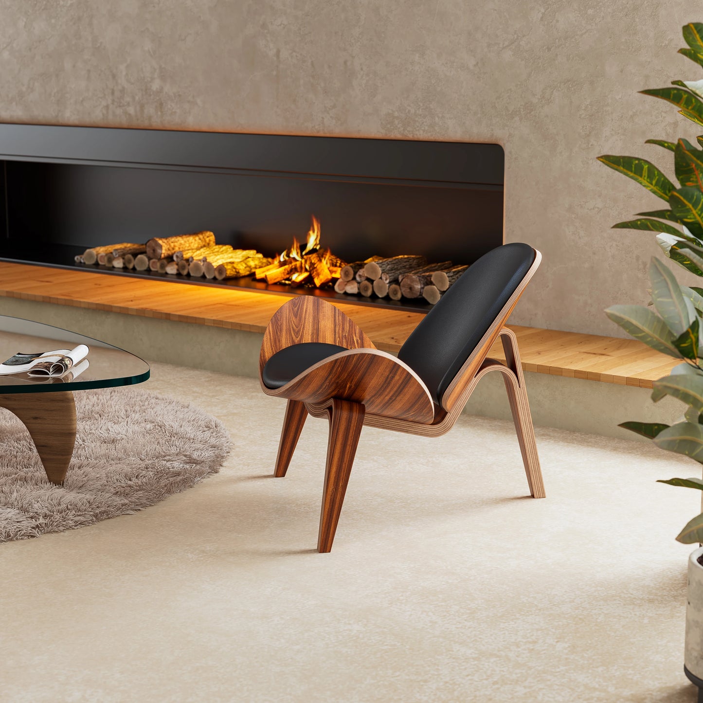 Lounge Shell Chair Faux Leather Solid Wood Style
