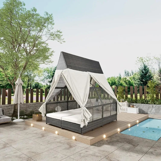 Outdoor Daybed, Outdoor Couch with 4 Pillows and Adjustable Backrest