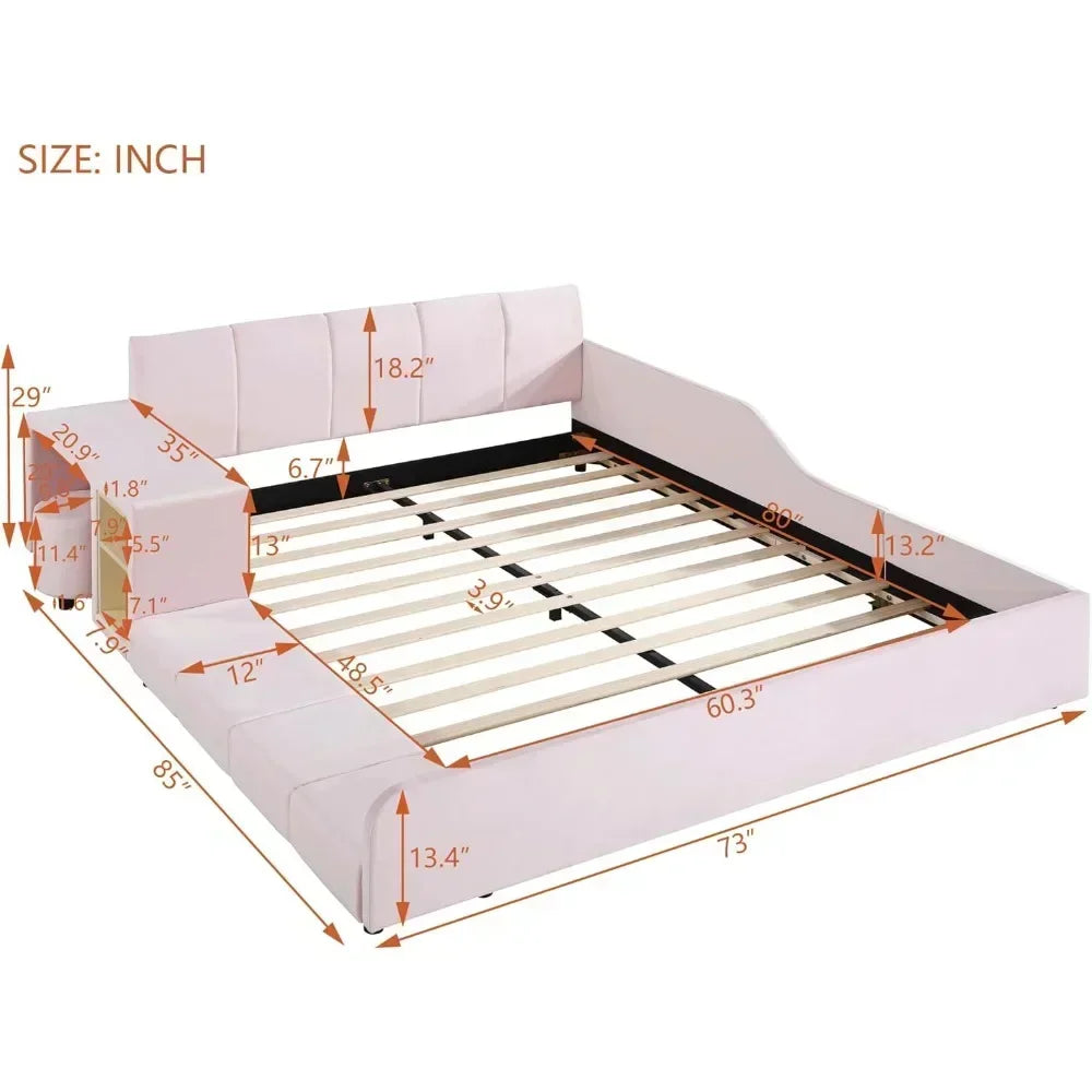 Queen Size Bed Frame with Bedside Desk and Little Round Stool