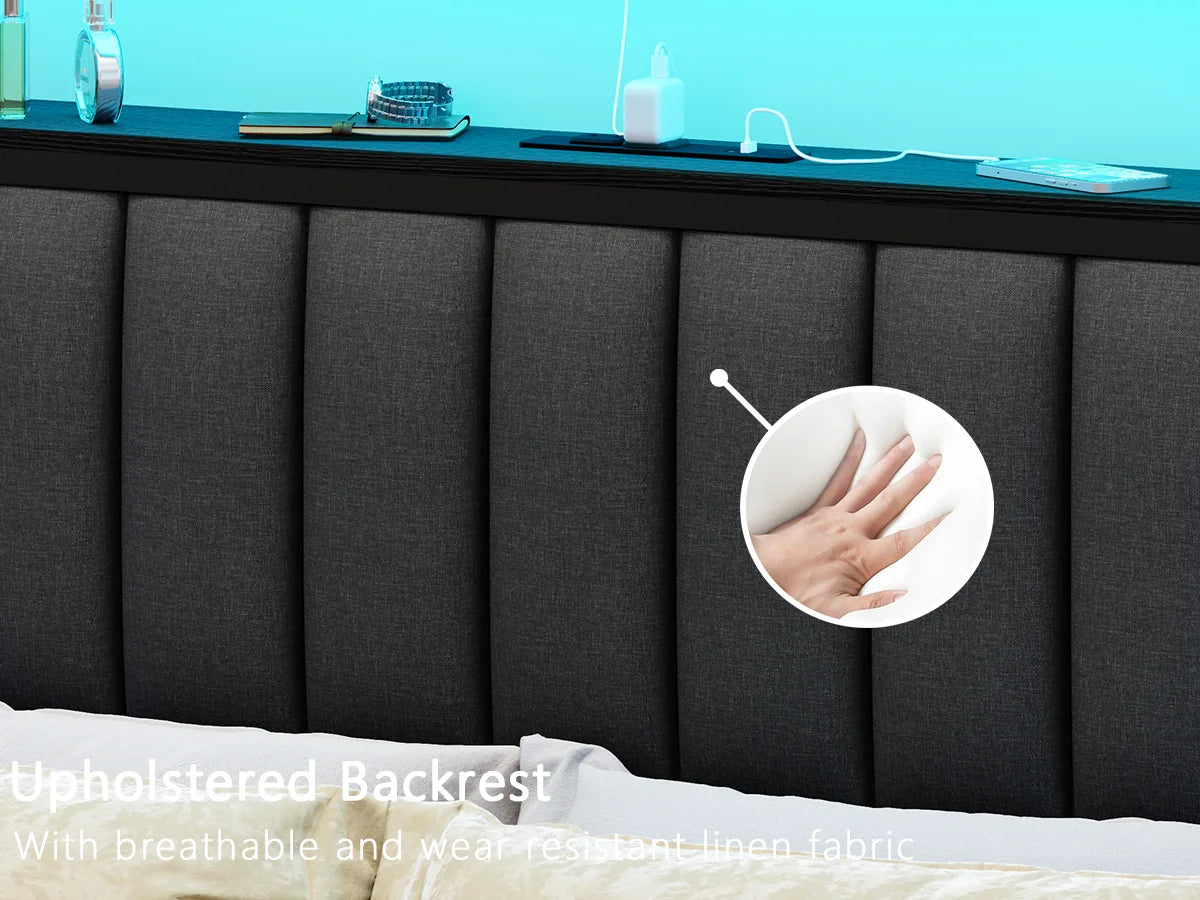 Full/Queen size bed frame with charging station, LED