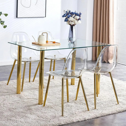 5 Pcs Modern Clear Glass Dining Table Set, 51'' Luxury Rectangular Kitchen Table Set, 4 Person Minimalist Dinner Room Table Set