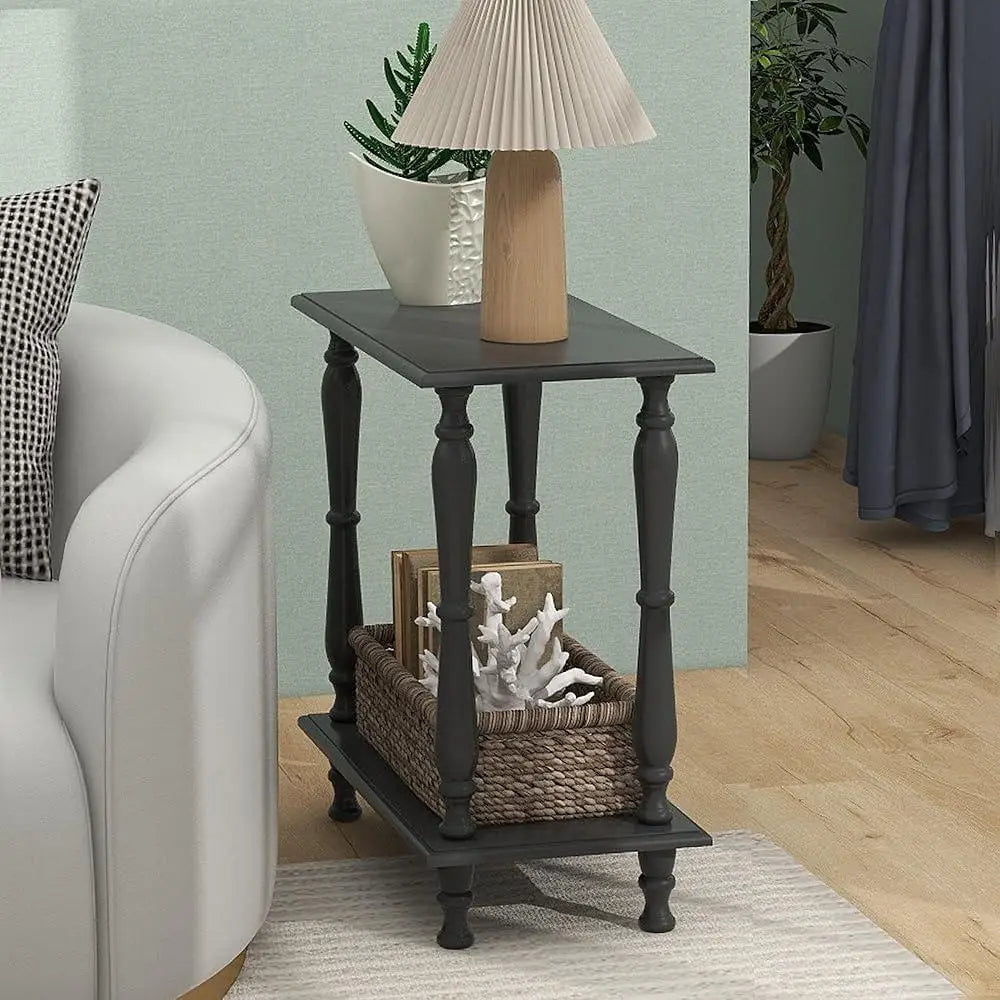Narrow End Table Wooden Retro Side Table 2-Tier European Design Sofa Side Table Elegant Living Room Plant Stand Storage