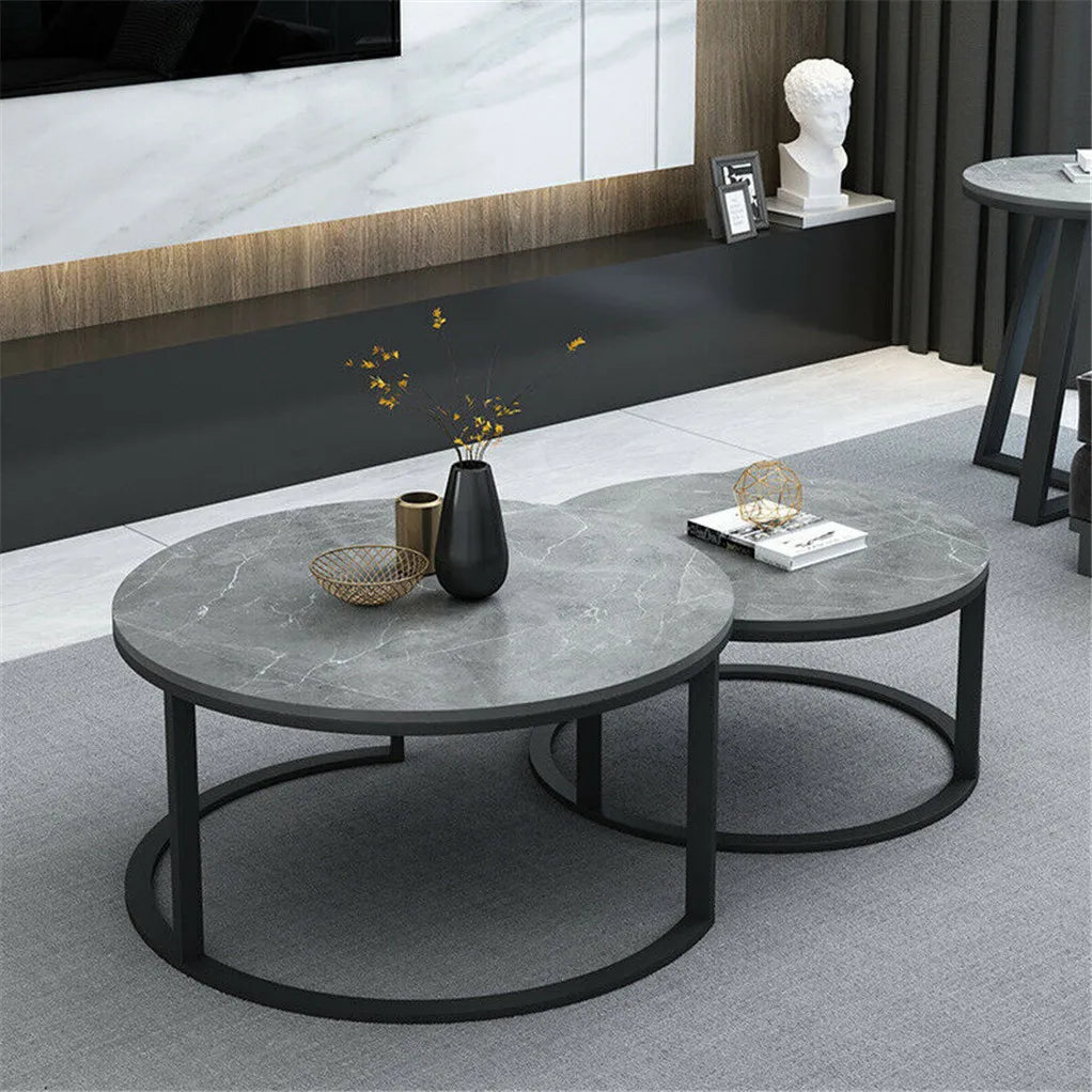 Set of 2 Real Marble Round Nesting Coffee Table Grey Side End Table Accent Table Metal Legs Waterproof