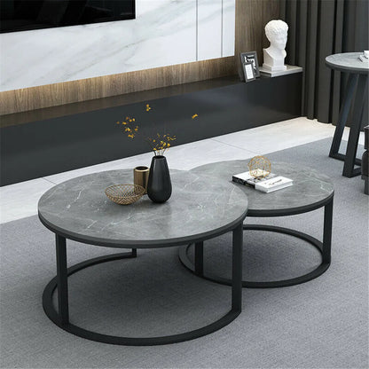 Set of 2 Real Marble Round Nesting Coffee Table Grey Side End Table Accent Table Metal Legs Waterproof