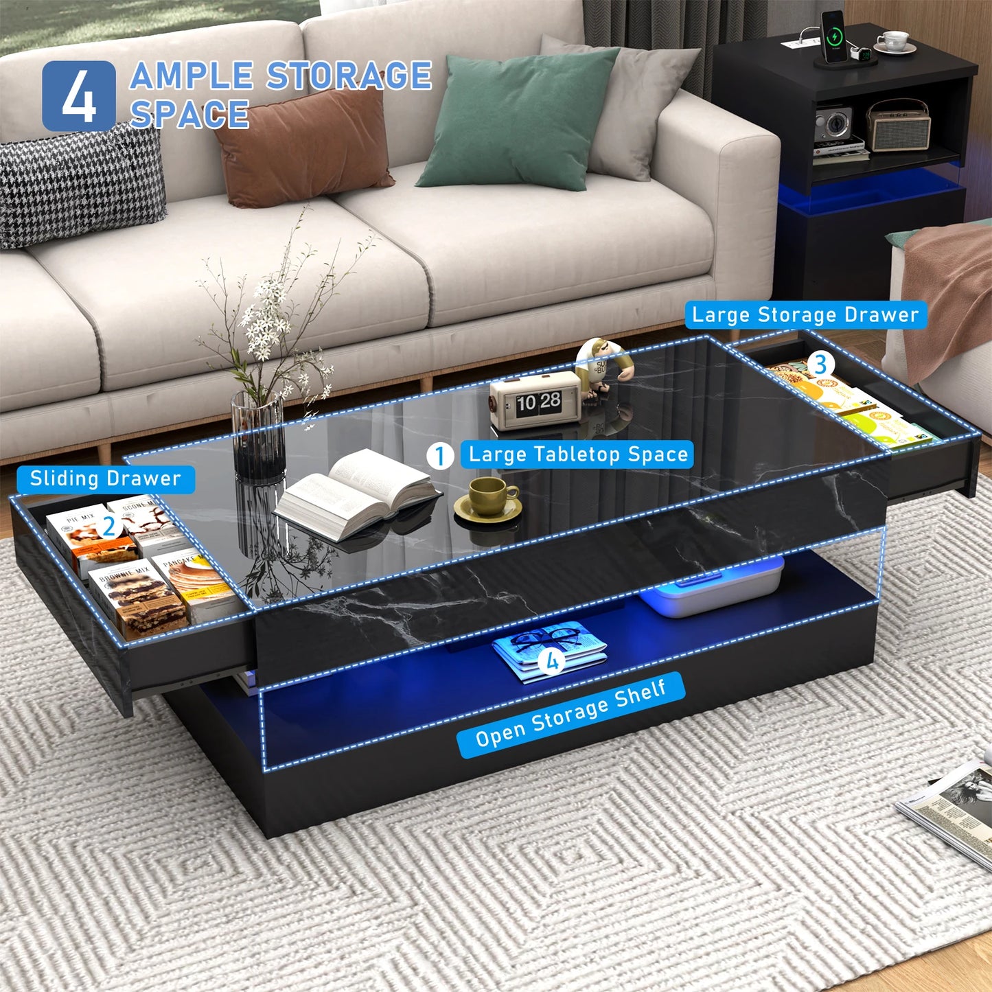Modern Stylish Coffee Table with LED lights, Double-Layer Design for Living Room Coffee Table with 2 Storage Drawers