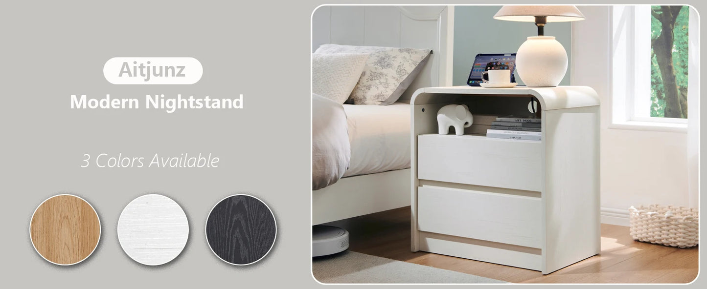 25" Tall Modern Nightstand with Charging Station, 23.6'' Wide Wood Bedside Table w/2 Storage Drawers,for Bedroom, Living Room