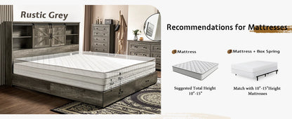 King & Queen Size Bed Frame,Wooden Platform Storage Bed with Bookcase