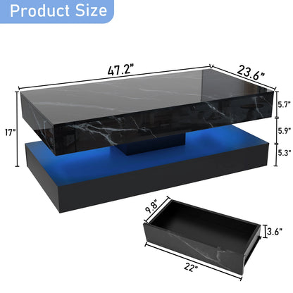 Modern Stylish Coffee Table with LED lights, Double-Layer Design for Living Room Coffee Table with 2 Storage Drawers