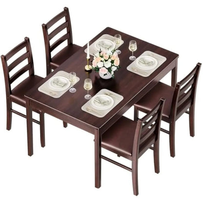Wood Dining Table Set for 4, Compact Mid-Century Modern Table & Chair Set for Home, Padded Seats, Wooden Frame, Coffee