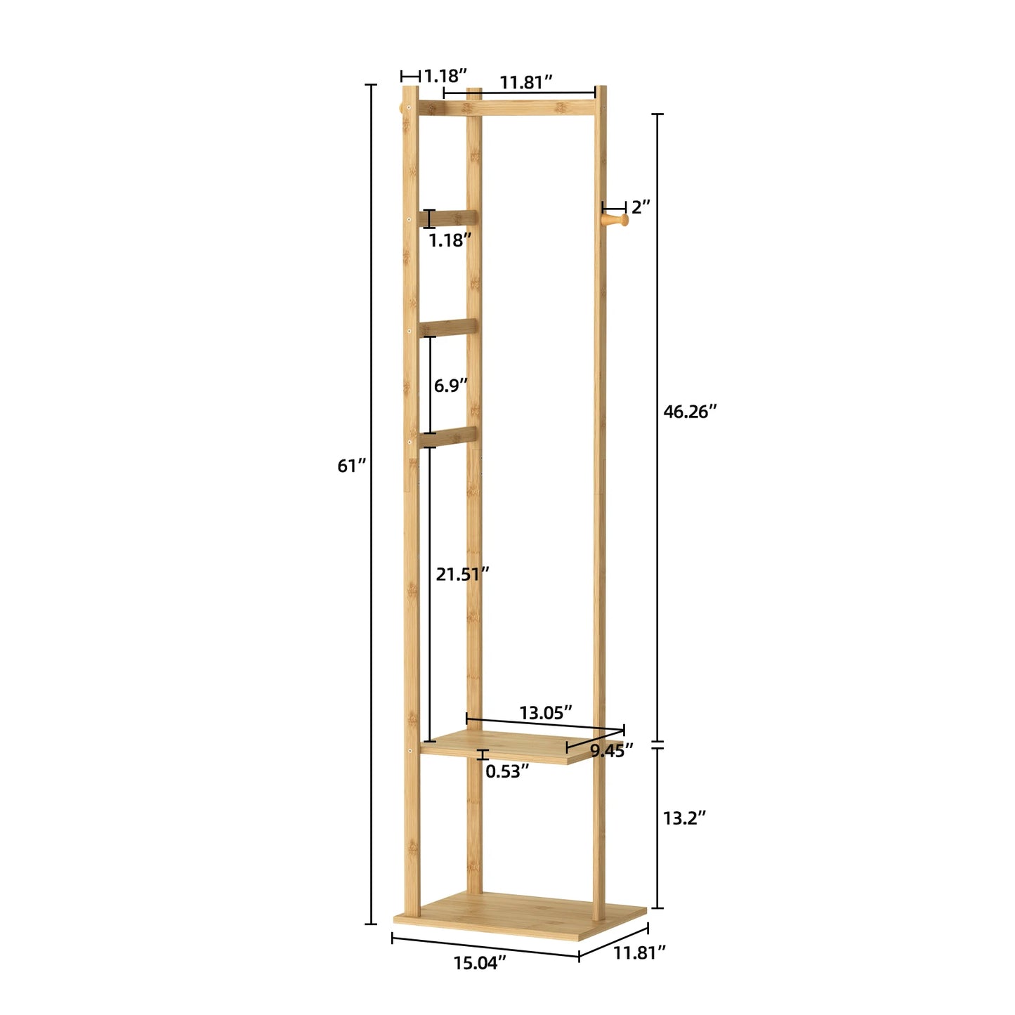 Heavy Duty Bamboo Coat Stand with Hook and Shelves