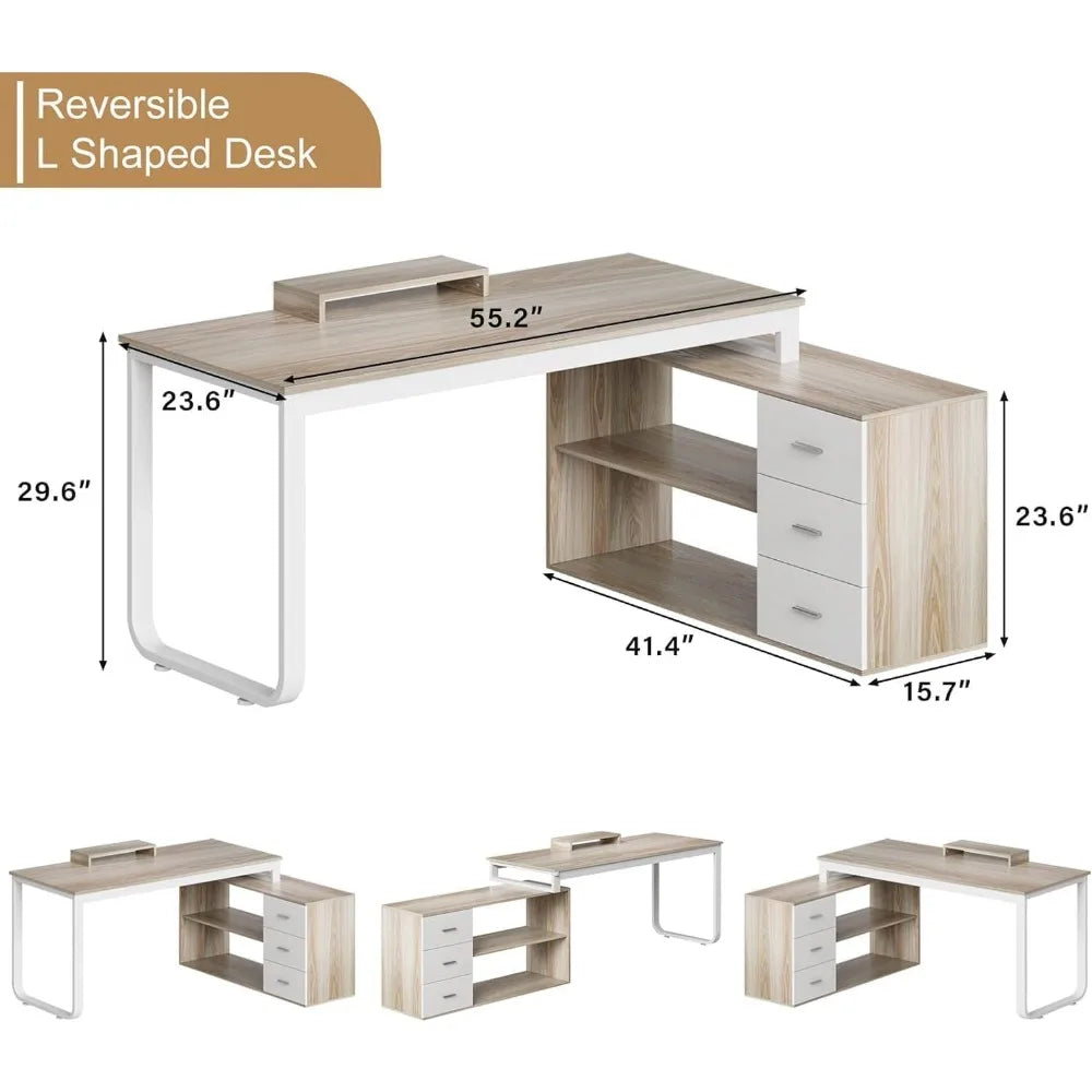 Desk with Drawers, 55 Inch L Shaped, Removable Monitor Stand