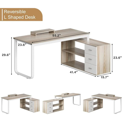 Desk with Drawers, 55 Inch L Shaped, Removable Monitor Stand