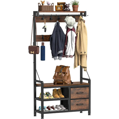 Shoe Bench and Coat Rack with Hooks and Drawers
