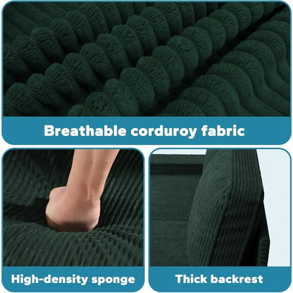 Corduroy Loveseat Couch, 3 Seater Retro Sofa with 4 Side Pockets