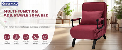 Convertible Chair, Tri-fold Upholstered Armchair Sleeper with Pillow