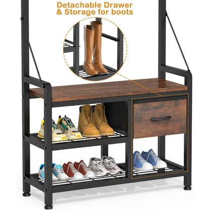 Shoe Bench and Coat Rack with Hooks and Drawers
