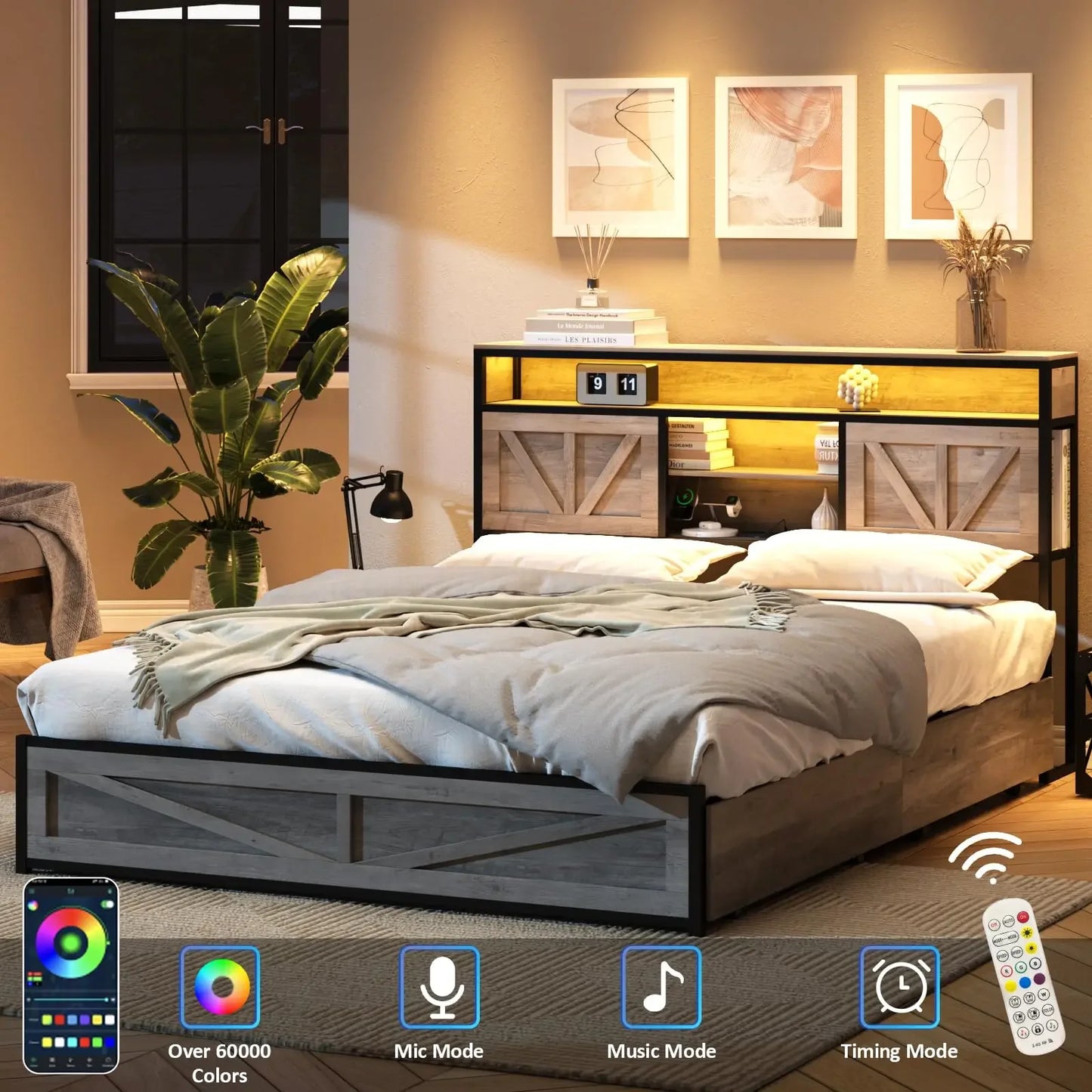 Queen Size Bed Frame with 4 Drawers