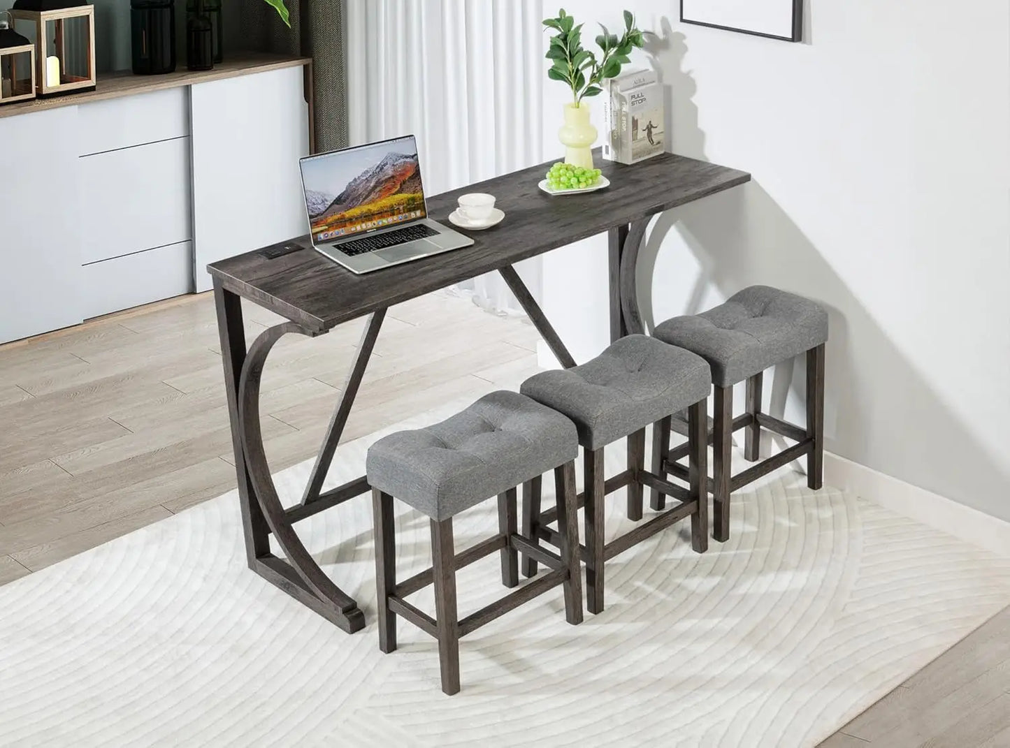 Dining Bar Table and Chairs with Power Outlet, 4 Piece Bar Table Set with Chairs, Sofa Bar Table with 3 Padded Stools
