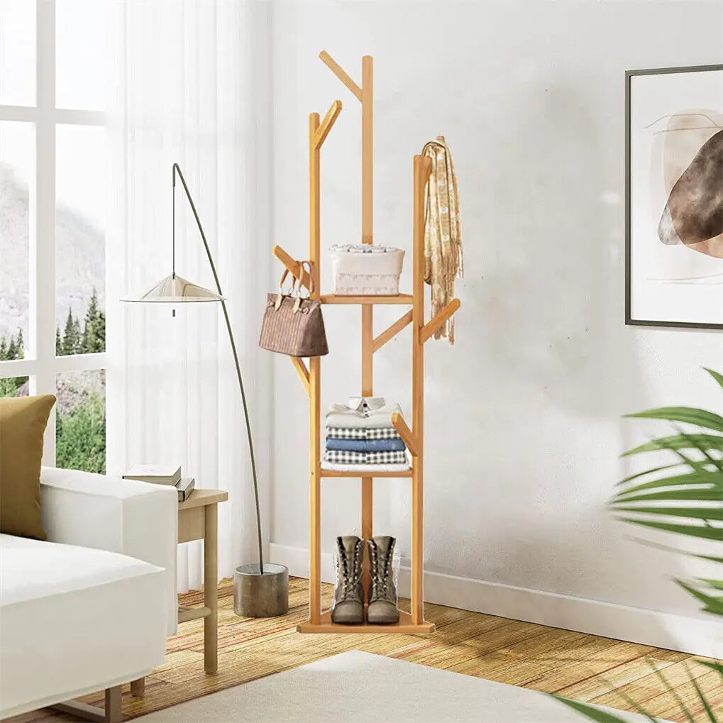 Bamboo Corner Tree Coat Rack with Hooks and Shelves