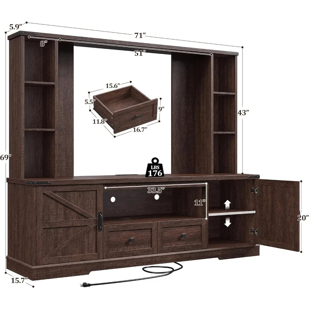 Wall TV Stand with 2 Doors, with LED & Power Outlets