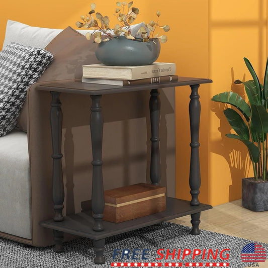 Narrow End Table Wooden Retro Side Table 2-Tier European Design Sofa Side Table Elegant Living Room Plant Stand Storage