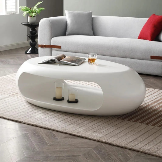 LUMISOL 53.93” Oval Coffee Table, Modern Sturdy Fiberglass Coffee Table with Storage Shelf, 2-Tier Center Cocktail Table for