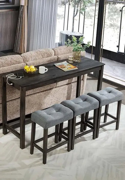 Dining Bar Table and Chairs with Power Outlet, 4 Piece Bar Table Set with Chairs, Sofa Bar Table with 3 Padded Stools