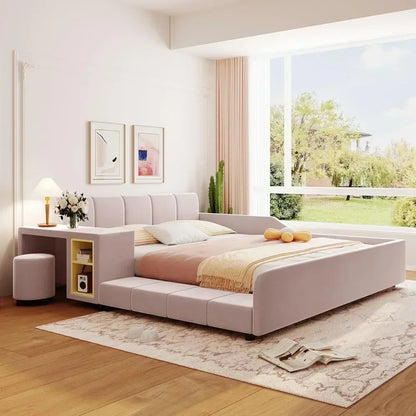 Queen Size Bed Frame with Bedside Desk and Little Round Stool