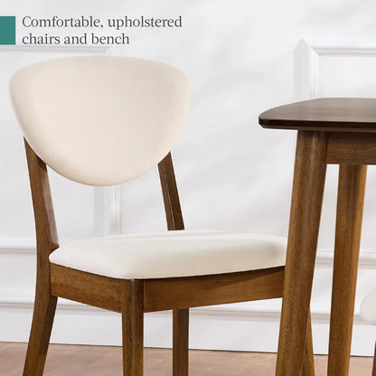 Mid-Century Modern Wood Dining Kitchen Table & Chair Best Choice Products 4-Piece Set w/ 2 Upholstered Chairs, Bench Seat -Brown