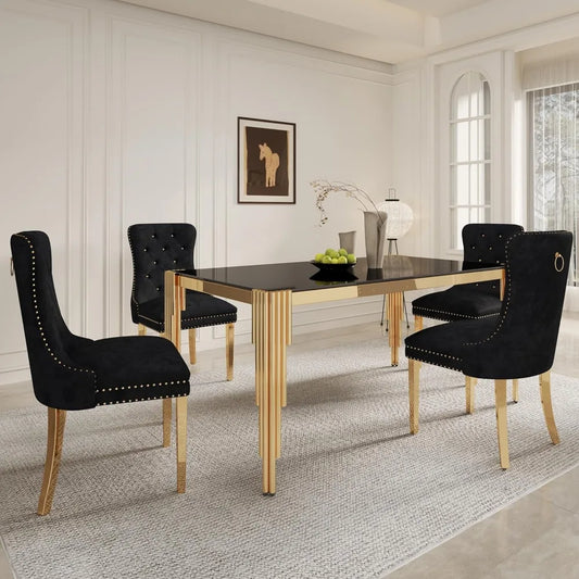 5 Piece Glass Dining Table Set for 4 People, 63" Rectangular Glass Kitchen Table with 4 Velvet Upholstered Chairs, Dining Room