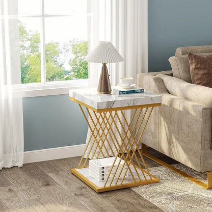 Square End Table White Gold 2-Tier Side Table Modern Small Bedside Table with Storage for Couch ( Faux Marble White+Gold)